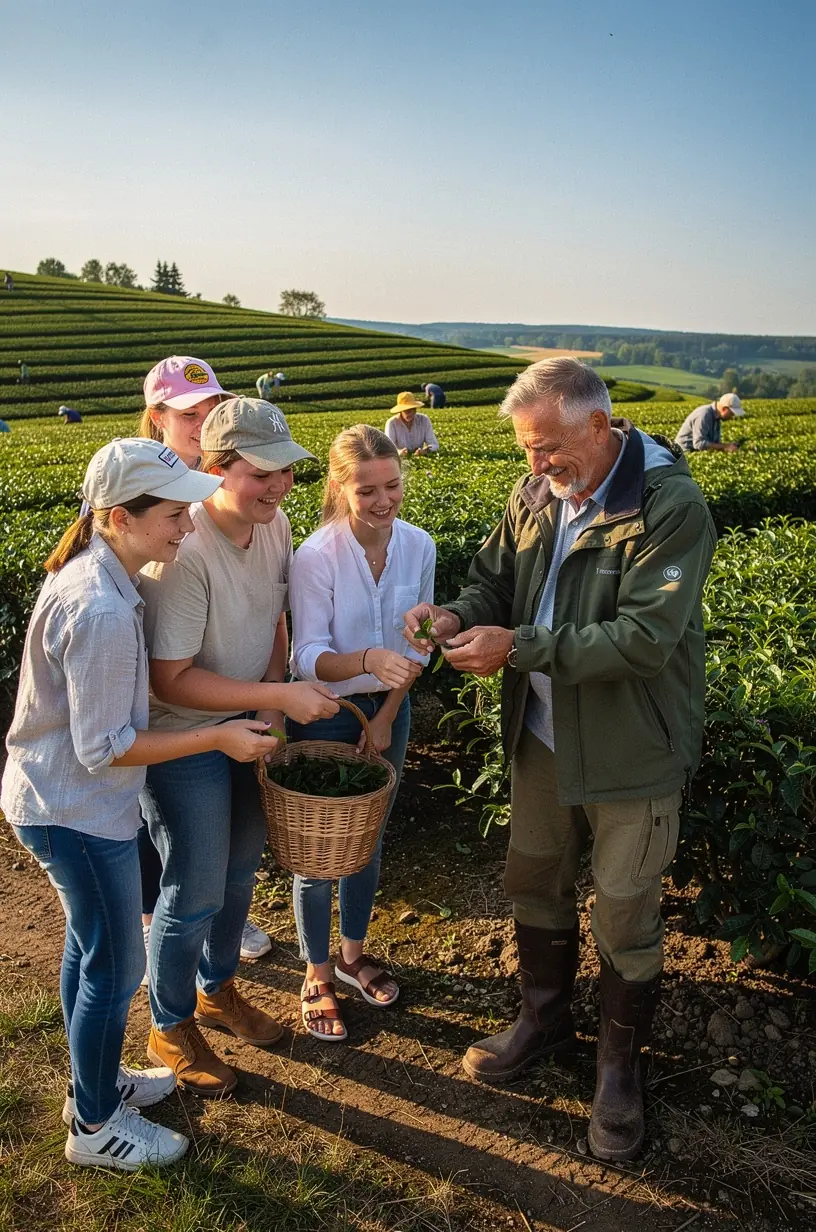 Šviesus fonas su arbatos puodeliu ir žaliuojančiais augalais, iliustruojantis gamtos duotą energiją ir sveikatą.